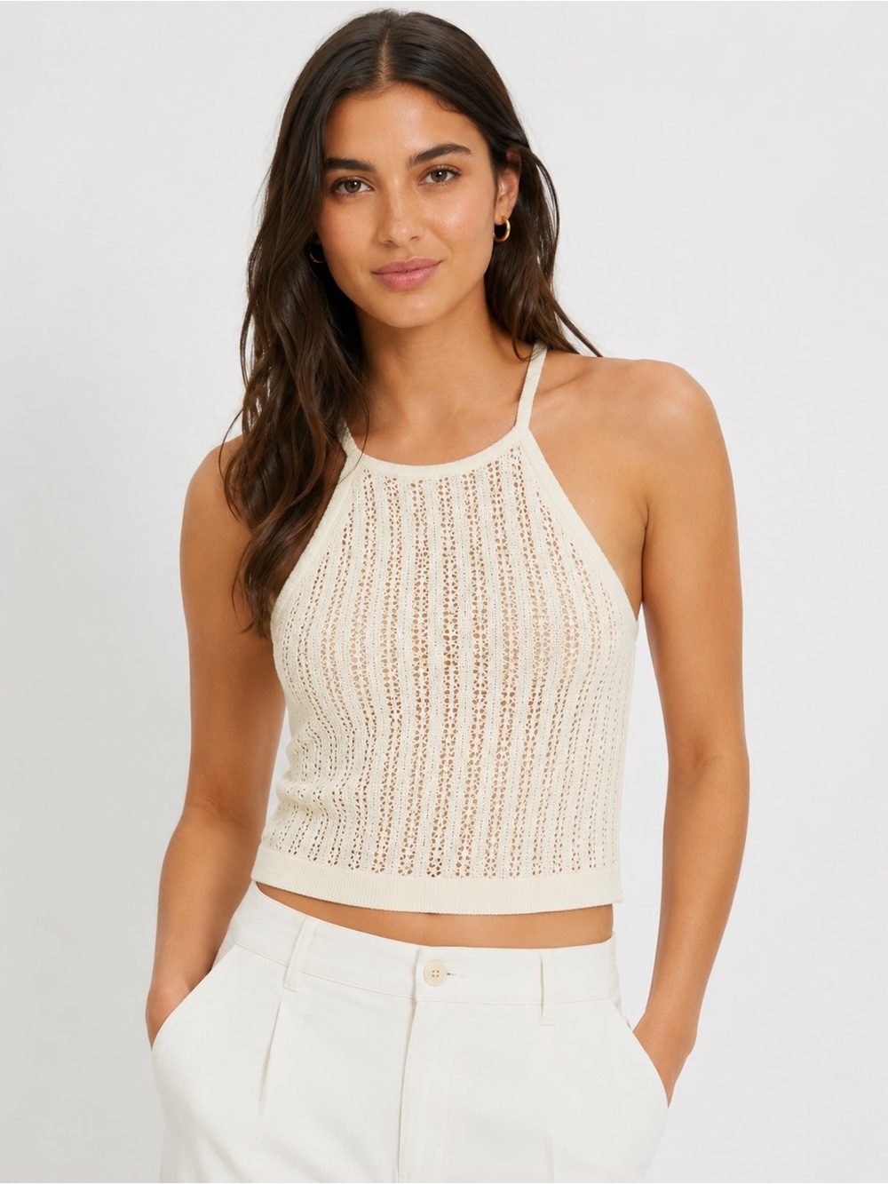 A New Day Cream Pointelle Knit Halter Tank Top S M L NWT